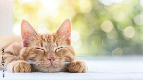 A cat is sleeping on a white surface