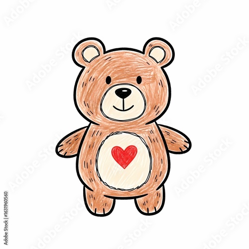 Cute Cartoon Teddy Bear with Red Heart on Chest