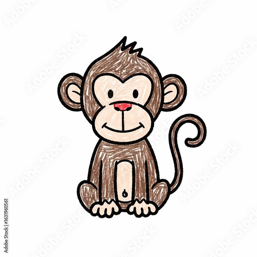 Cute Cartoon Monkey Sitting with Curled Tail and Big Eyes
