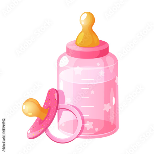 Vector illustration of cartoon Baby girl drink bottle with nipple and pacifier in pink color isolated on white background.	
