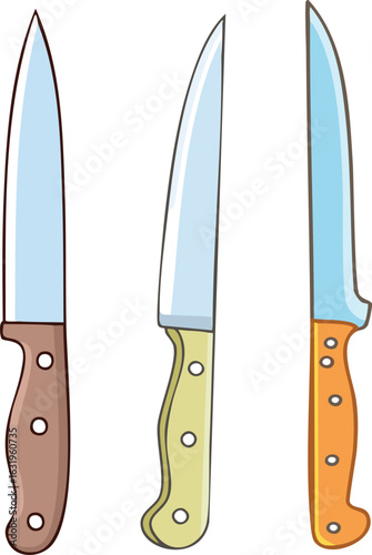 Three cartoon knives with different handles and blade shapes are displayed against a white background.