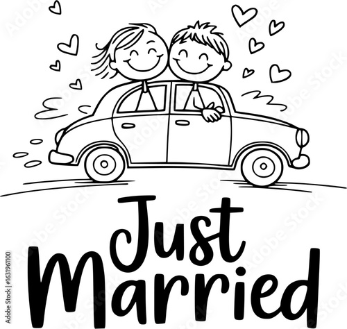 Just Married Car Ride: A whimsical illustration captures a joyous couple in a classic car, surrounded by floating hearts, celebrating their fresh start and blissful journey together.