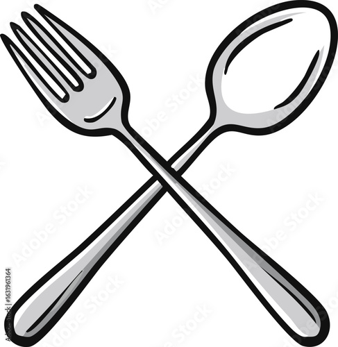 A crossed fork and spoon illustration, silverware, isolated on a white background.