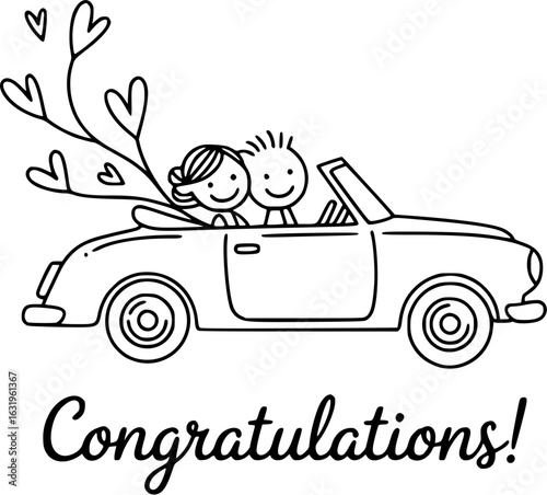 Joyful Wedding Drive: A whimsical black-and-white illustration captures the joy of newlyweds on their wedding day, driving off in a classic convertible.