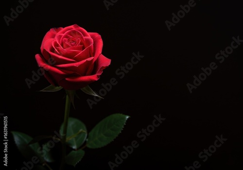 A beautiful red rose blossom with delicate petals stands out against a stark black background, symbolizing isolated romance
