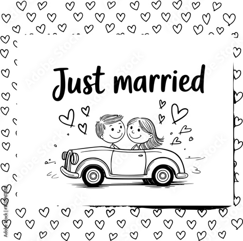 Just Married Bliss: A whimsical illustration captures a joyous moment of a newlywed couple in a classic car, surrounded by loving hearts, perfectly symbolizing their wedding day celebration.