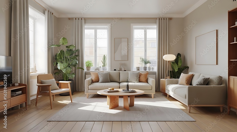 Fototapeta premium A bright living room with sofas, a round coffee table, plants, and light colored wooden floors