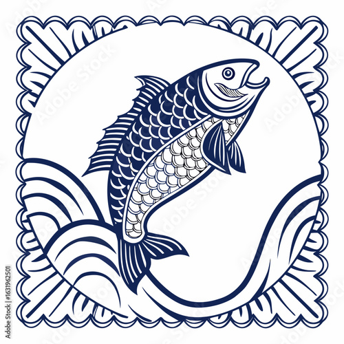 Ornamental Fish Vector with Ocean Wave Frame in Blue Ink on White Background