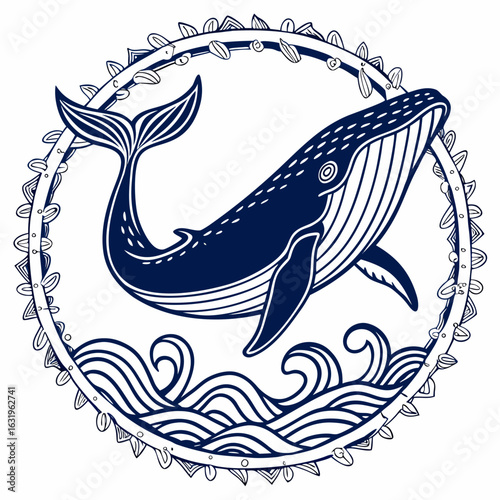 Vintage Whale Illustration in Decorative Wave Frame in Blue Ink on White Background