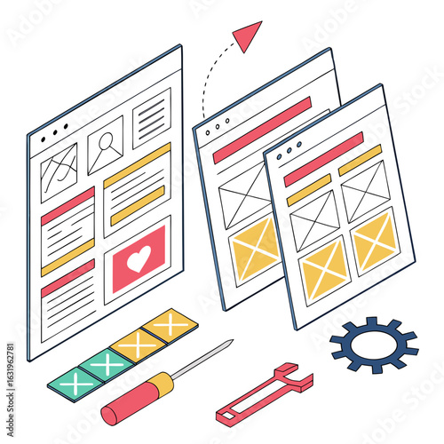 Website Wireframing and Prototyping Tools in 3D on White Background