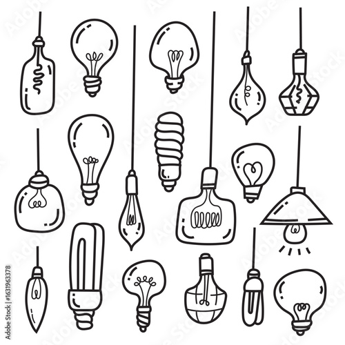 Set of collection of diverse light bulb designs, sketched with intricate detail and suspended elegantly, showcasing the artistry of innovation and electricity vector line art