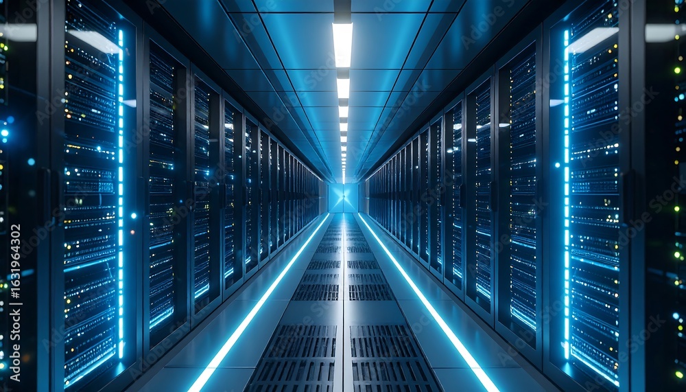 Fototapeta premium Server Room Corridor with Blue Lights and Network Equipment
