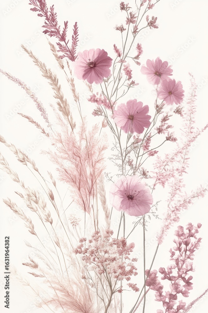 Obraz premium Delicate Botanical Garden Illustration Featuring Various Elegant Plants in Pastel Toned Artwork