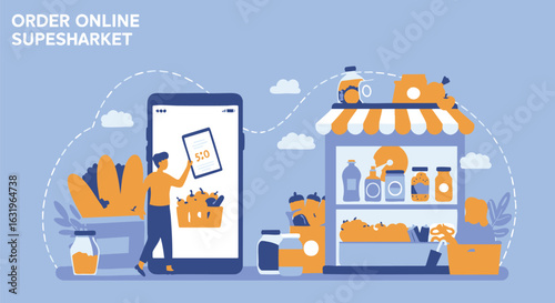 Online grocery shopping: person ordering food via smartphone app from a virtual supermarket stall.