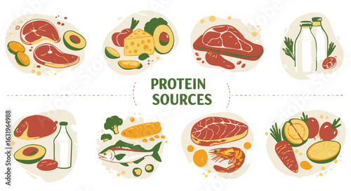 Diverse illustrations showcasing various high-protein foods including meat, fish, dairy, and vegetables.