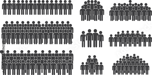 Various people group icons, crowd gathering illustration, stick figures, human population concept, community formation, business team, social unity symbols