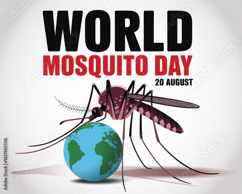 world mosquito day illustration showing mosquito perched on globe with bold text and august 20 date to promote health and awareness