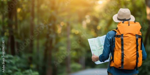 A person wearing a straw hat and carrying a map and a backpack