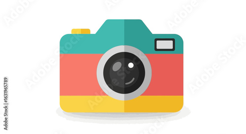 Retro-styled camera illustration with vibrant teal, red and yellow colors