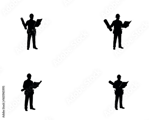 Engineer Silhouette Holding Blueprint Scroll – Construction and Planning Vector Illustration

