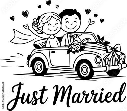 Wedding Day Celebration: A delightful hand-drawn illustration captures the joyous moment of a newly married couple cruising away in a vintage car adorned with floral arrangements and hearts.
