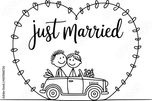 Celebrating New Beginnings: An endearing illustration captures the joy of a newlywed couple. Riding off into the sunset in a classic car.