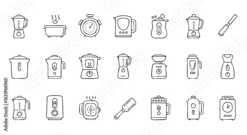 Collection of outline icons depicting various kitchen appliances, including blenders, kettles, timers, and food processors, arranged in a row.