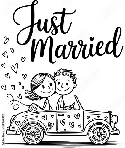 Just Married Couple in a Car: A romantic and endearing illustration of a newlywed couple, joyfully riding in a charming car, surrounded by heart-shaped symbols of love and togetherness.