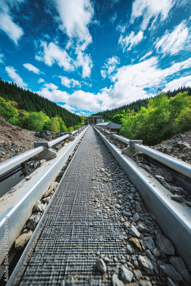 Fototapeta premium Vibrating conveyor belt transporting rock at a mining plant under a picturesque blue sky with clouds