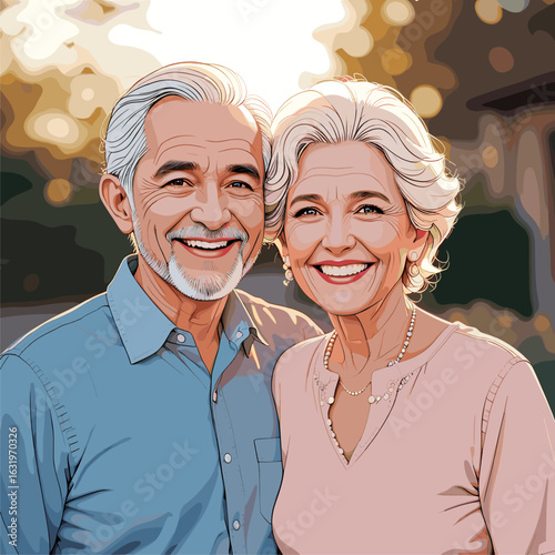 Joyful senior couple with gray hair smiling outdoors in warm, golden light, embracing happiness and companionship