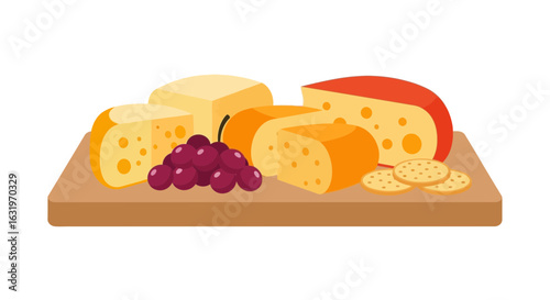 Delicious cheese platter with grapes and crackers on a wooden board