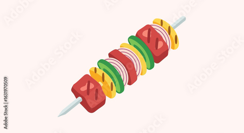 Delicious shish kebab skewer illustration featuring vibrant meat and vegetables