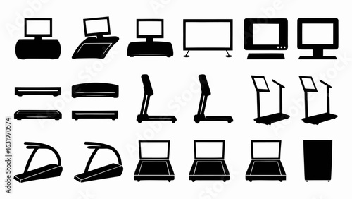 Illustration of various electronics and exercise equipment including treadmills and computer monitors set up silhouette