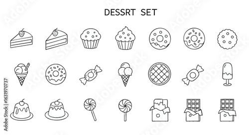 A collection of outlined dessert icons, including cakes, cupcakes, donuts, and candies, displayed in a grid.
