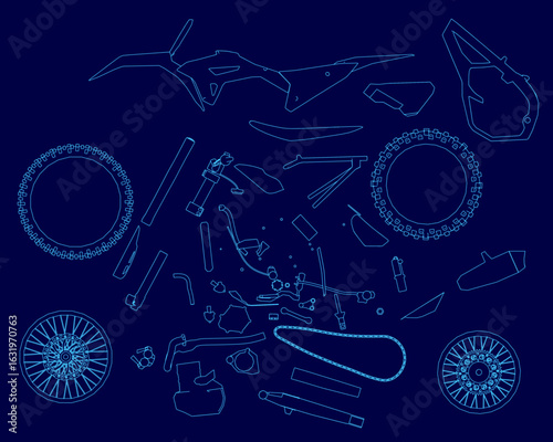 A detailed blueprint of a motorbike with all components outlined in contour style against a blue background. The technical drawing highlights the engine, frame, and suspension parts.