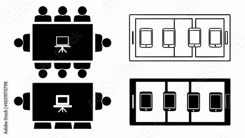 Illustration showing two meeting tables with attendees and two tablets displaying smartphones on screen silhouette
