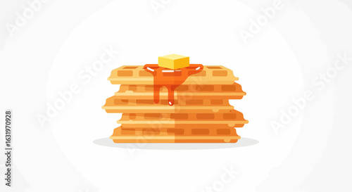 Stylized vector illustration of waffles with butter and maple syrup topping