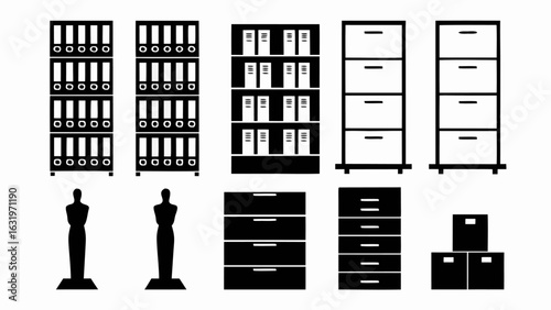 Illustration of office furniture including filing cabinets statues and boxes in a monochrome color palette silhouette