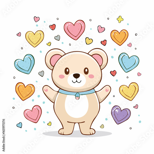 Adorable cartoon bear surrounded by vibrant and colorful hearts, spreading love and happiness