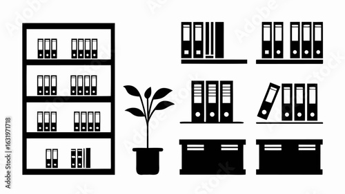 Illustration of a bookcase with folders, plant, and desks in a minimalistic black and white style art silhouette