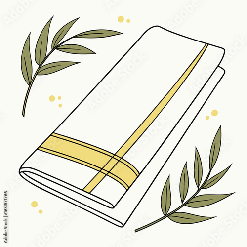 A folded white and gold striped dhoti or lungi with green leaves and yellow dots on a light background