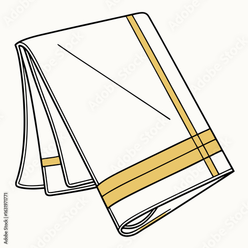 A folded white cloth with gold stripes possibly a dhoti or a sarong presented in a simple line art style