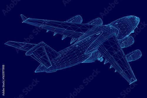 A 3D wireframe model of an aircraft displays intricate blueprint details against a solid blue background. The transparent mesh structure highlights the plane's engineering design with precision.
