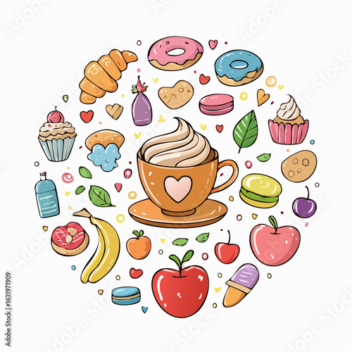 Delightful sweets and treats collection in charming cartoon style arrangement