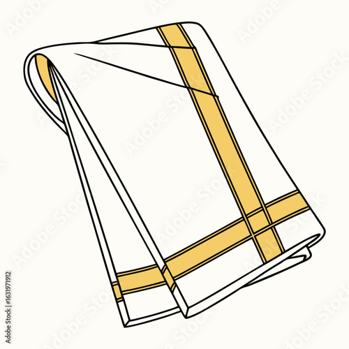 A simple line drawing illustration of a white folded dhoti with gold border stripes on a light cream background