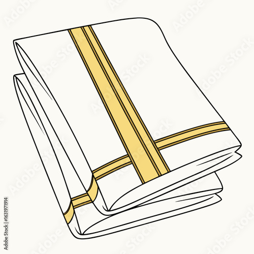 A stack of neatly folded white dhoti lungis with golden borders a traditional indian garment
