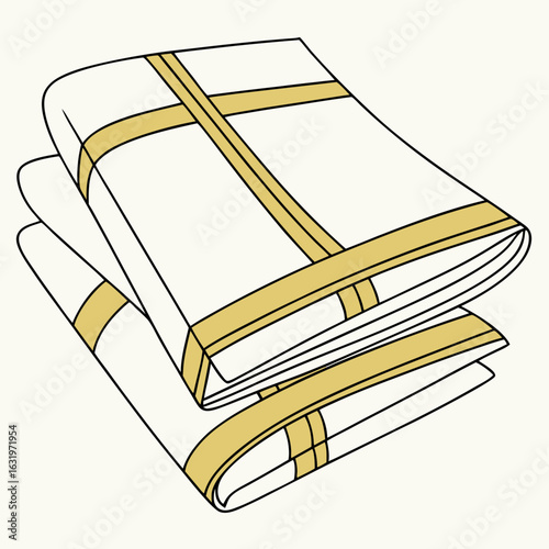 A stack of folded white and gold trimmed sarees or dhotis isolated on a light background