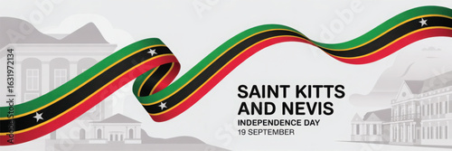 Saint Kitts and Nevis Independence Day banner featuring national flag colors, wavy ribbons, and date 19 September with festive backdrop