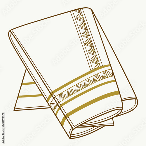 Elegant white fabric with gold geometric border and stripes folded neatly on a light background