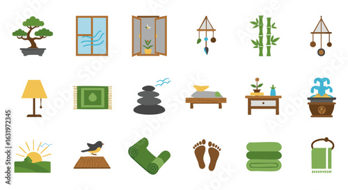 Yoga environment icon set flat vector isolated